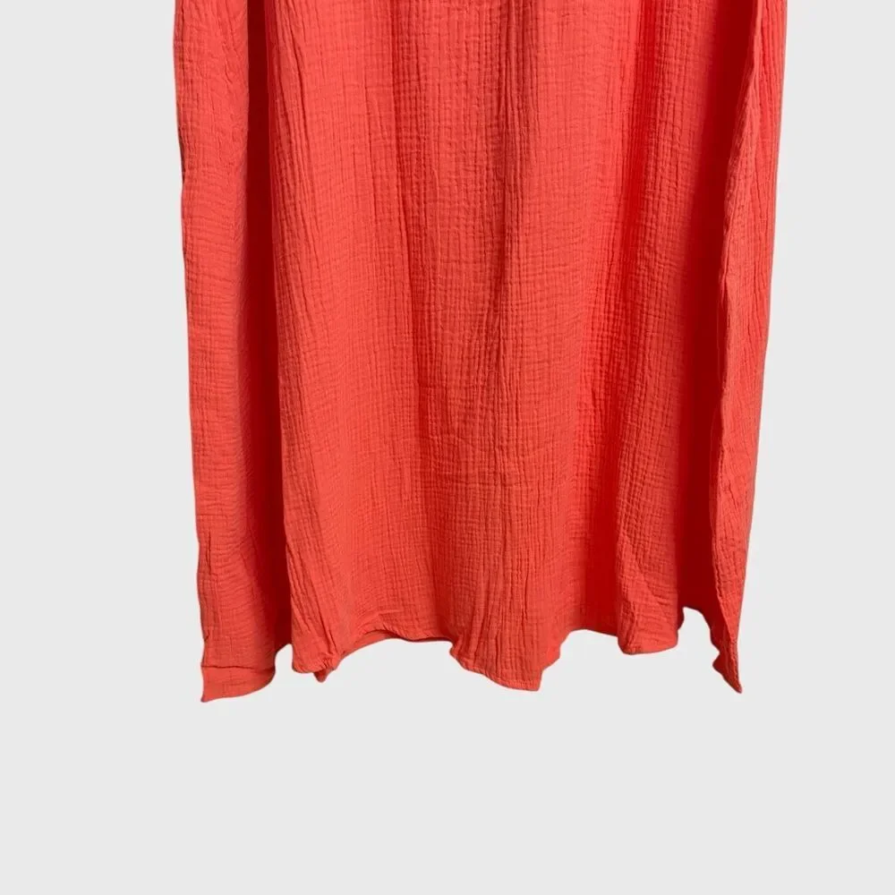 Women's Floral Embroidered Orange Gauze Midi Dress 5XL Crinkle Textured Summer